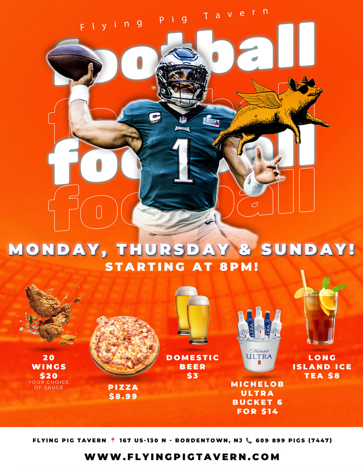 Flying Pig Tavern Football Season for Friends and family! Beers, appetizers, and more to make your football game day memorable!